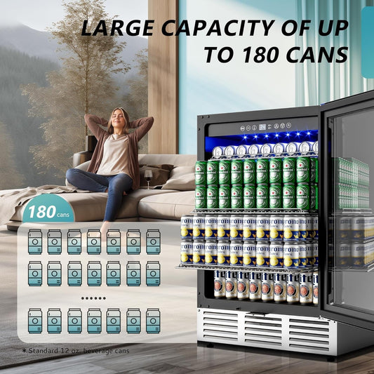 Offer For 24 Inch Beverage Refrigerator, 180 Can Built-In or Freestanding Beverage Cooler, under Counter Beer Fridge with Glass Door for Soda, Water, Wine - for Kitchen, Bar or Office. MowerShop