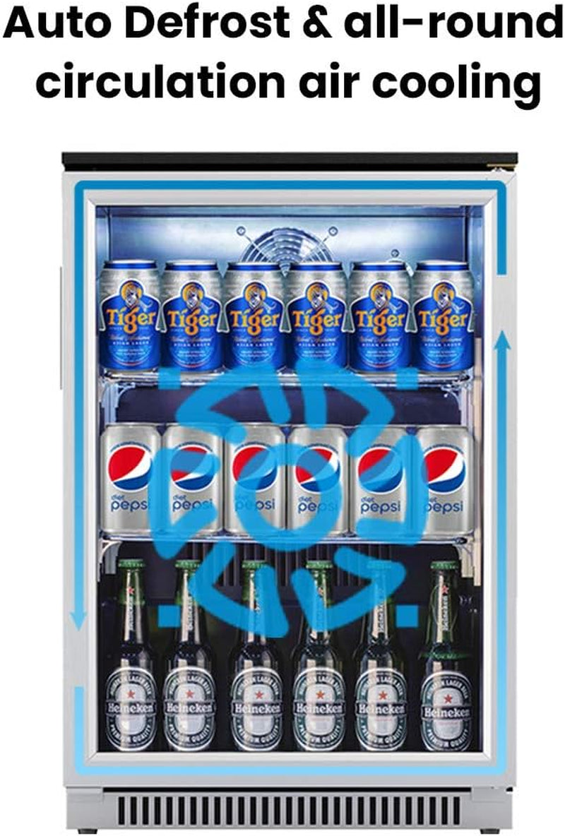 Offer For 20 Inch Beverage Fridge with Glass Door, 120 Can Mini Fridge with Blue LED Light for Soda Beer Wine, 36-50°F under Counter Refrigerator and Cooler for Home Office or Bar, Auto Defrost MowerShop
