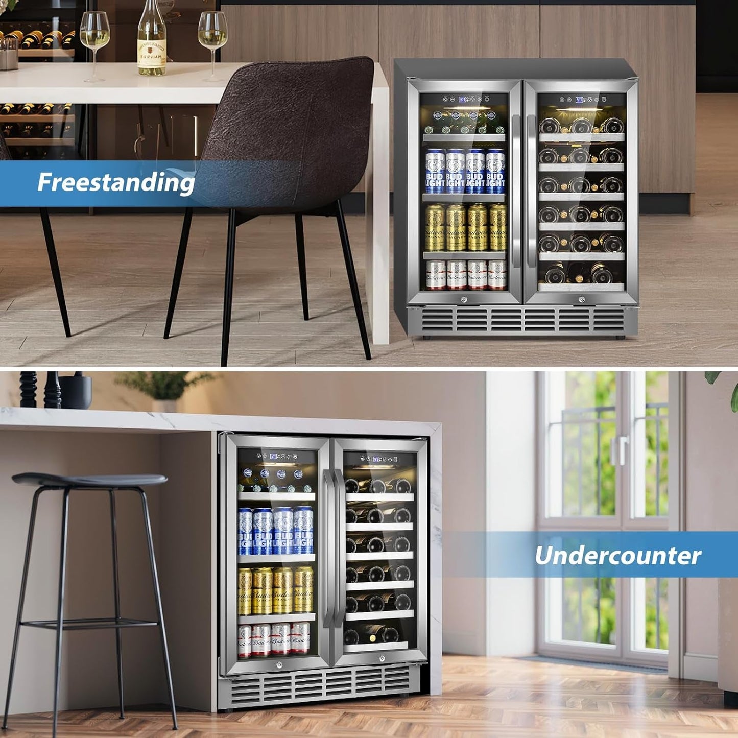 Offer For 30Inch Wine and Beverage Refrigerator - Dual Zone Beverage Cooler under Counter, Holds up to 30 Bottles & 90 Cans Drink and Beer Fridge Built-In for Home Kitchen Bar and Office MowerShop