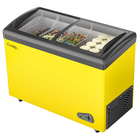 Offer For Commercial Chest Freezer Ice Cream Display Case, 13 Cu.Ft Mobile Glass Top Chest Freezer with 3 Removable Wire Baskets - 2 Sliding Glass Door Fridge W/4 Wheels for Store Supermarket, Yellow MowerShop