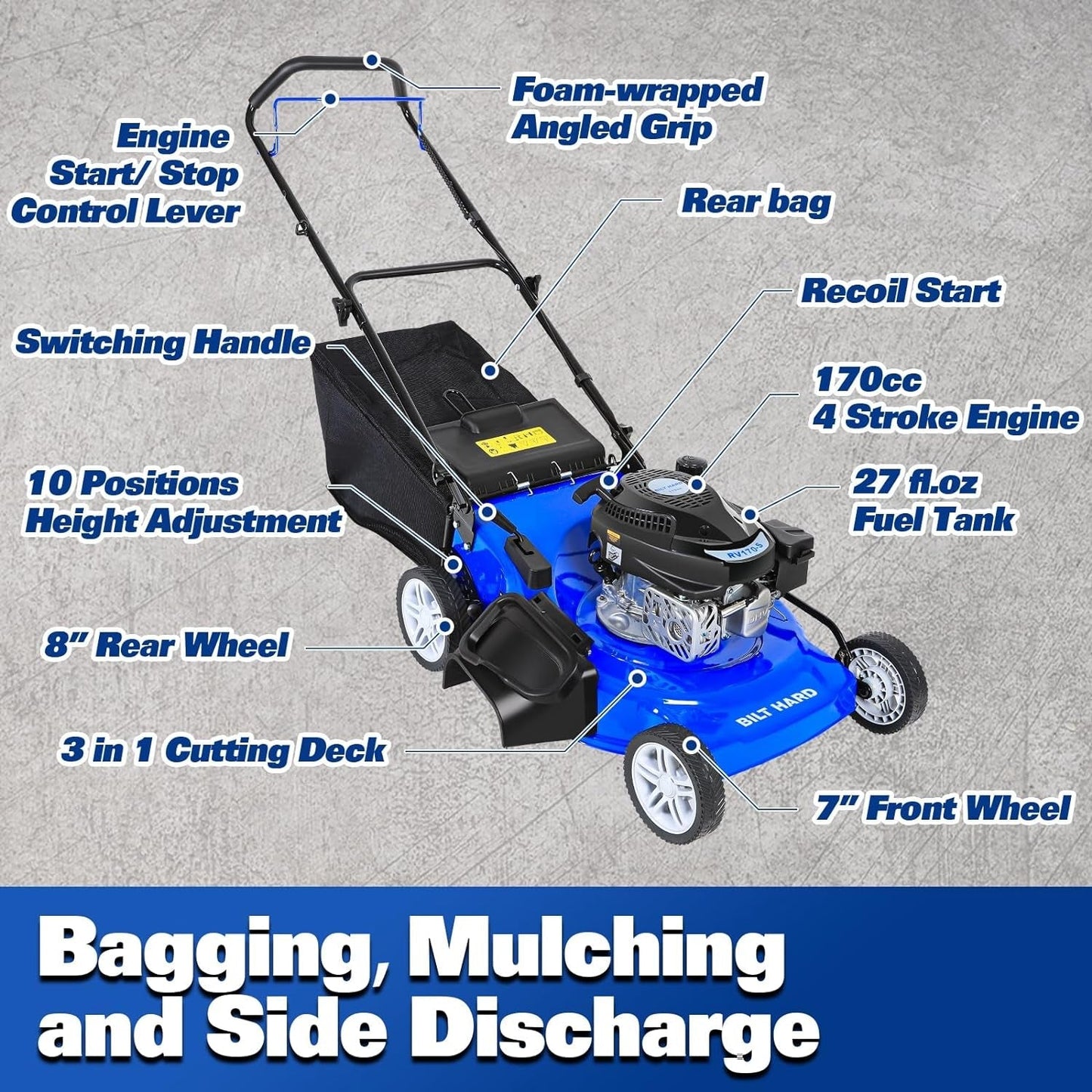 Offer For 21 Inch Lawn Mower Gas Powered, 4-Cycle 170Cc Engine, 3-In-1 Push Lawnmower with Bagging, Mulching & Side Discharge, Adjustable 10-Positions Cutting Height MowerShop